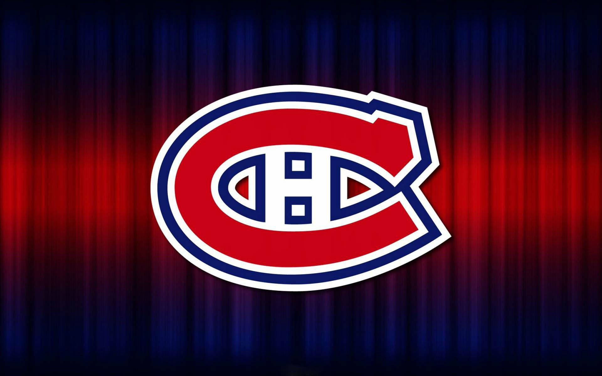 Canadiens 桌布 壁紙 — 蒙特利爾加拿大人隊標誌在帶有垂直光線的戲劇性窗簾背景下閃耀著紅色和藍色。