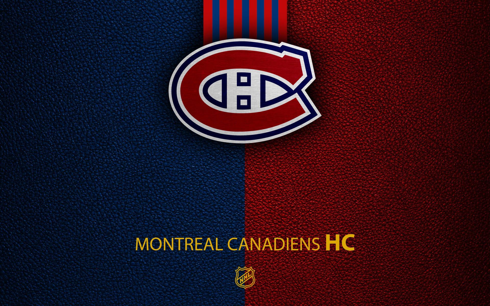 Canadiens 桌布 壁紙 — 蒙特婁加拿大人冰球隊標誌居中放置於分裂的藍色和紅色皮革紋理背景上，下方有球隊名稱和NHL盾牌。