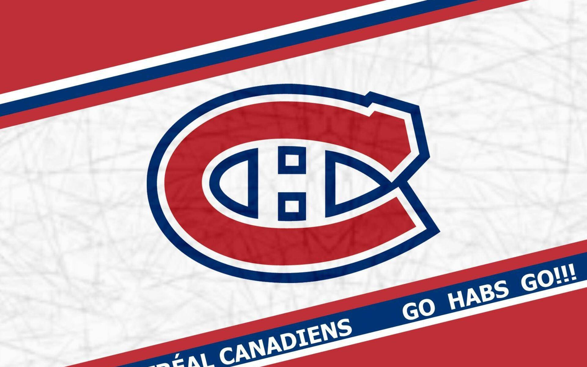 Canadiens 桌布 壁紙 — 蒙特婁加拿大人隊標誌，位於紋理冰面上，帶有紅、藍、白條紋及球迷助威文字。