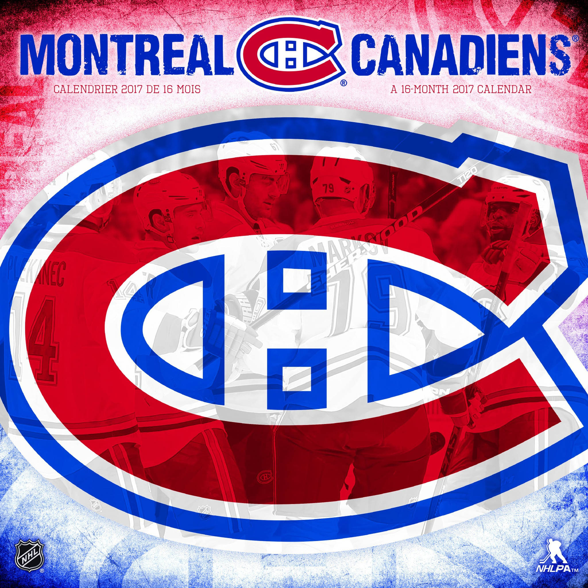 Canadiens 桌布 壁紙 — 蒙特婁加拿大人隊標誌主導了一張以紅、藍、白色為主題的鮮豔曲棍球桌布，背景有球員剪影。