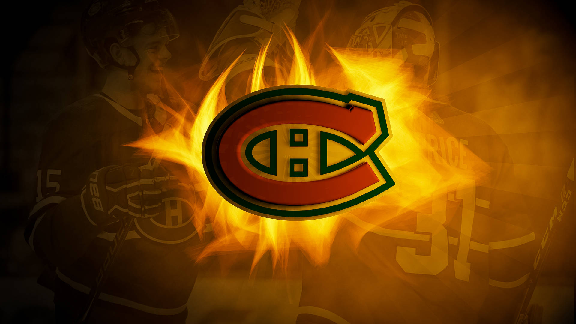 Canadiens 桌布 壁紙 — 蒙特婁加拿大人隊標誌在深色背景上以熾熱的橙色火焰爆發，背景有模糊的冰球運動員。