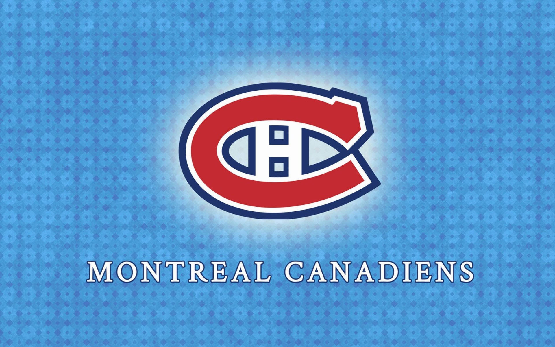 Canadiens 桌布 壁紙 — 蒙特婁加拿大人隊標誌在藍色半色調紋理背景上明亮發光，下方有球隊名稱。