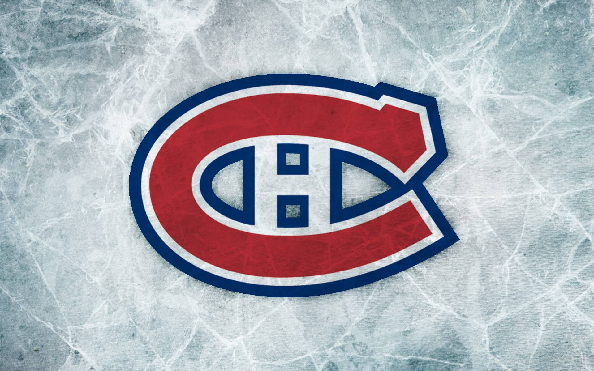 Canadiens 桌布 壁紙 — 蒙特婁加拿大人隊標誌在裂開的冰面場地上，帶有紋理的霜凍背景。