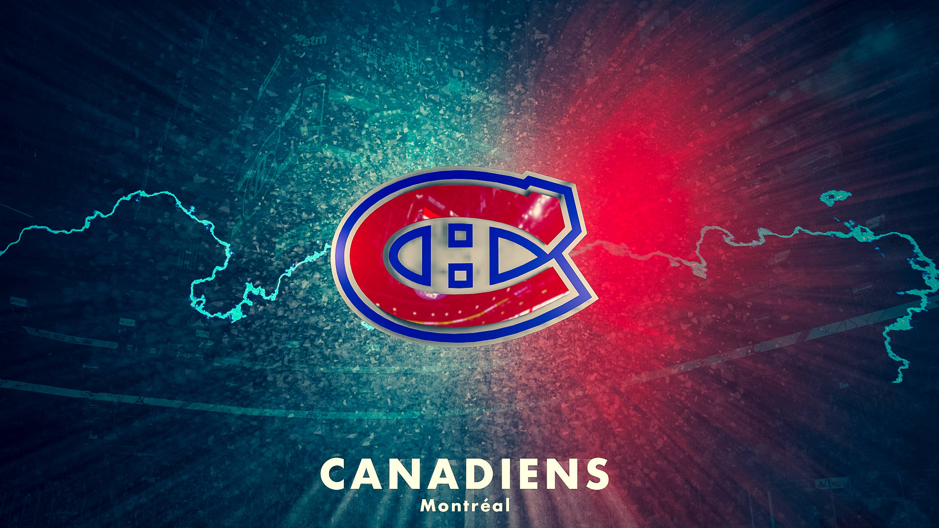 Canadiens 桌布 壁紙 — 蒙特婁加拿大人隊標誌在風格化地圖背景下散發出紅色和藍色的能量。