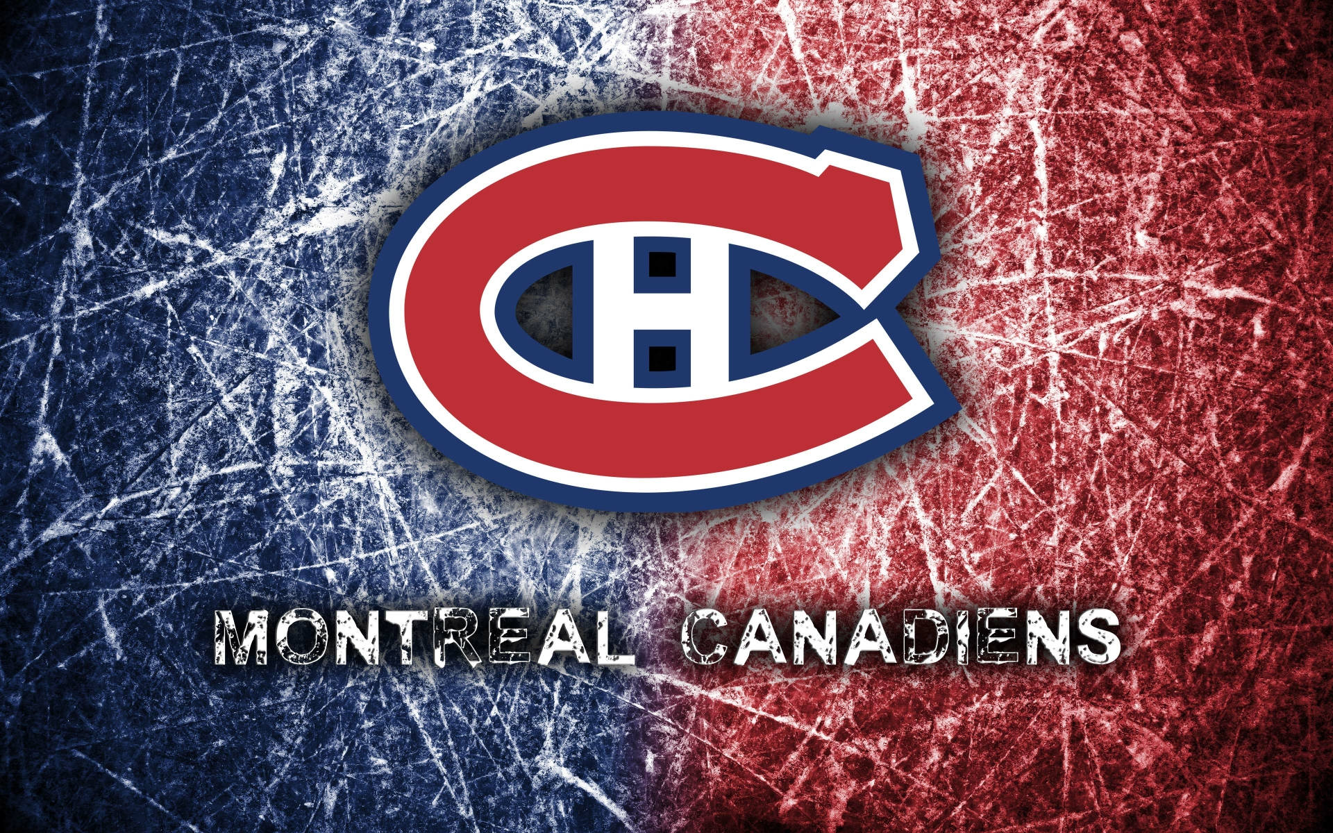 Canadiens 桌布 壁紙 — 蒙特婁加拿大人隊標誌置中於有刮痕的冰場背景上，隊名在下方。
