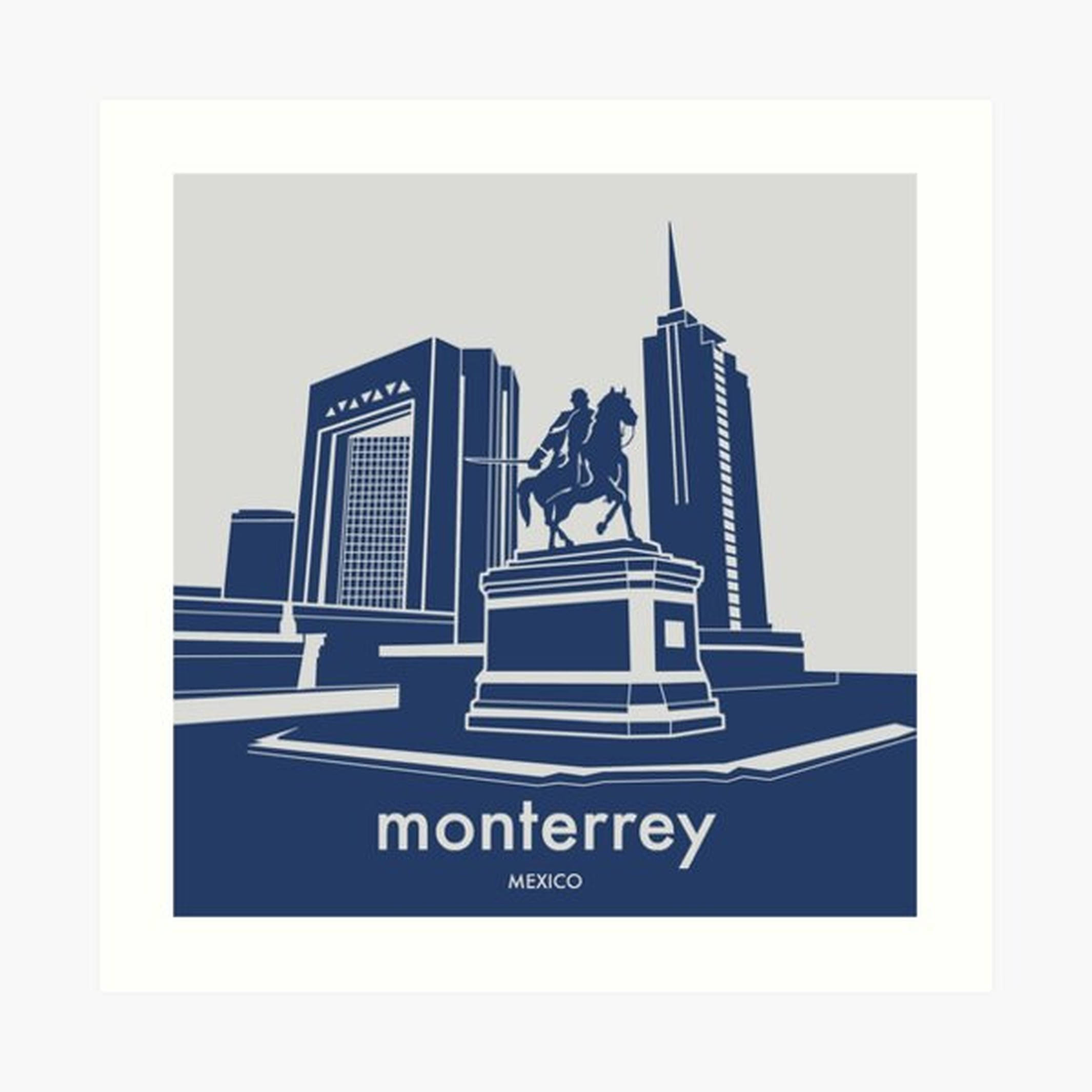 Monterrey 桌布 壁紙 — 蒙特雷墨西哥的風格化藍色和灰色插圖，中央有一座騎馬雕像，兩旁是現代摩天大樓。
