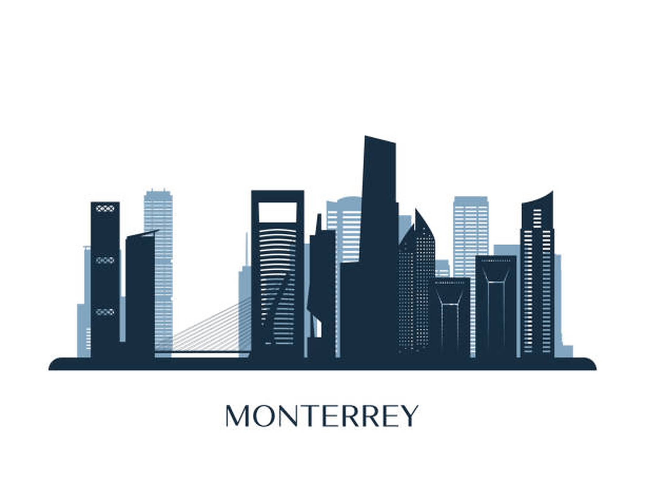 Monterrey 桌布 壁紙 — 蒙特雷天際線剪影，海軍藍和淺藍色，白色背景，橋樑和現代摩天大樓。