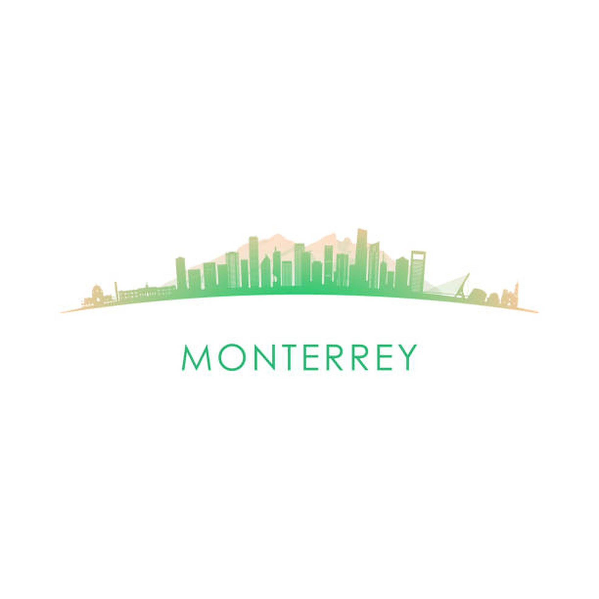 Monterrey 桌布 壁紙 — 蒙特雷天際線的簡約綠色漸變剪影，背景有山脈，下方有蒙特雷名稱。