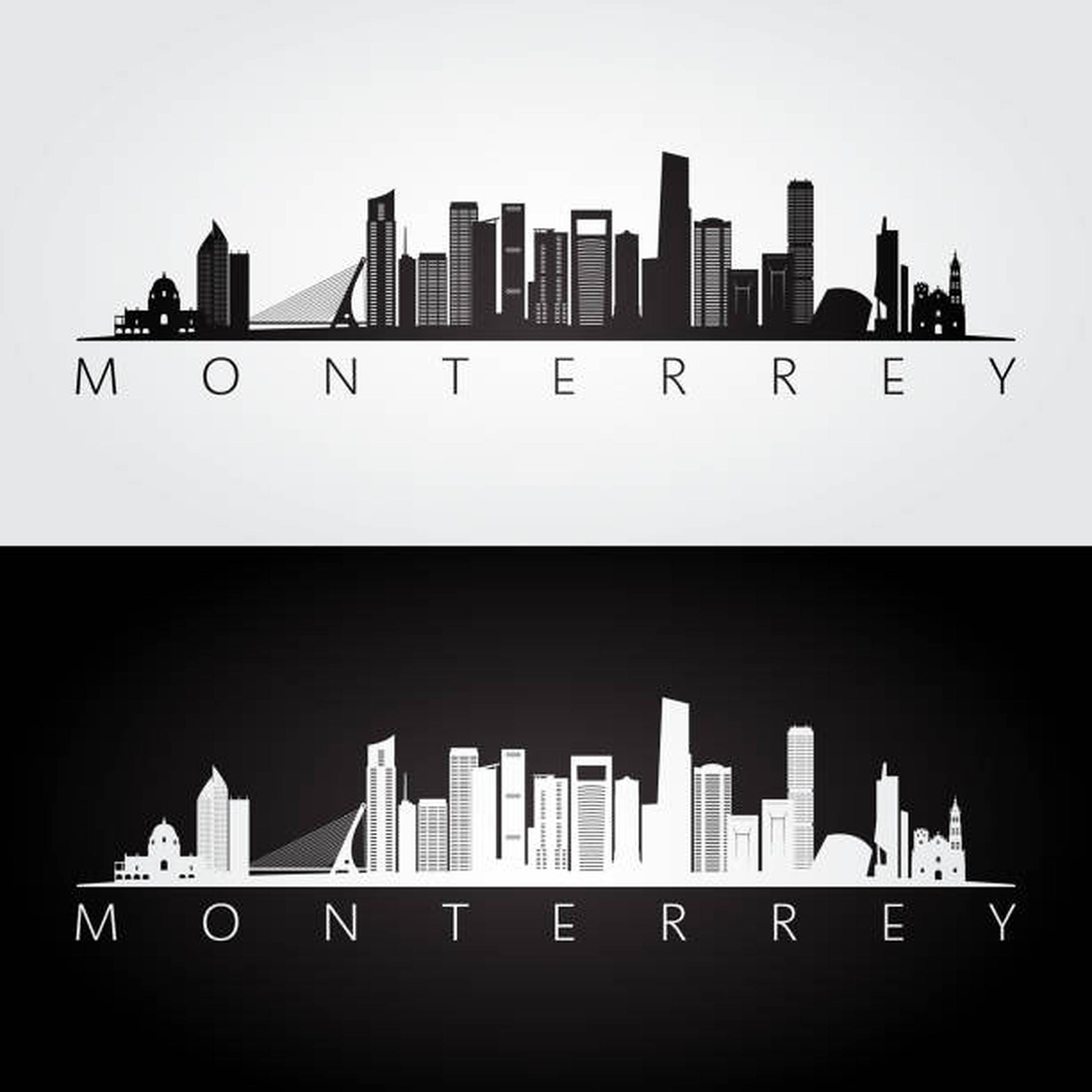 Monterrey 桌布 壁紙 — 蒙特雷黑白天際線剪影，下方為倒轉版本