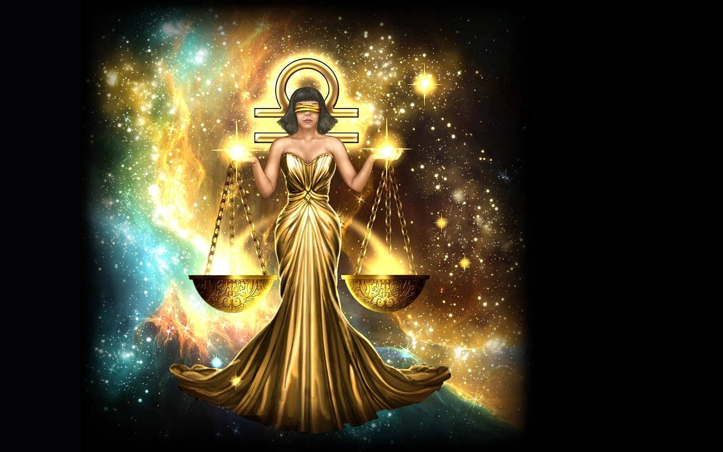 zodiac 桌布 壁紙 — 蒙眼的正義女神身穿金色長袍，在充滿活力的宇宙星雲背景下手持發光的天秤。