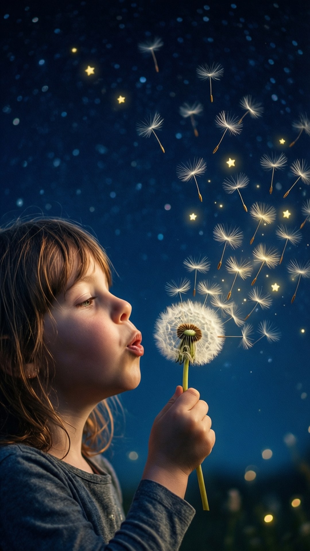 蒲公英的願望 壁紙 — 一個孩子將蒲公英種子吹向繁星點點的夜空，種子像小星星一樣發光。
