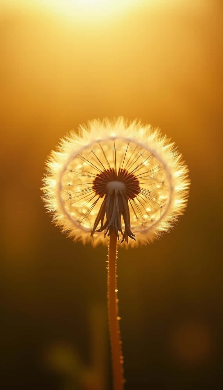 Flower 壁紙 — 蒲公英種子頭在溫暖琥珀色散景背景下發出金色逆光。