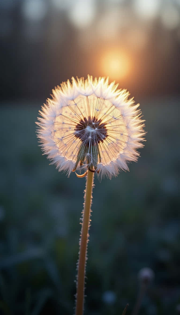 花卉 桌布 壁紙 — 蒲公英種子頭在溫暖的夕陽逆光下發光，背景是柔和模糊的田野。