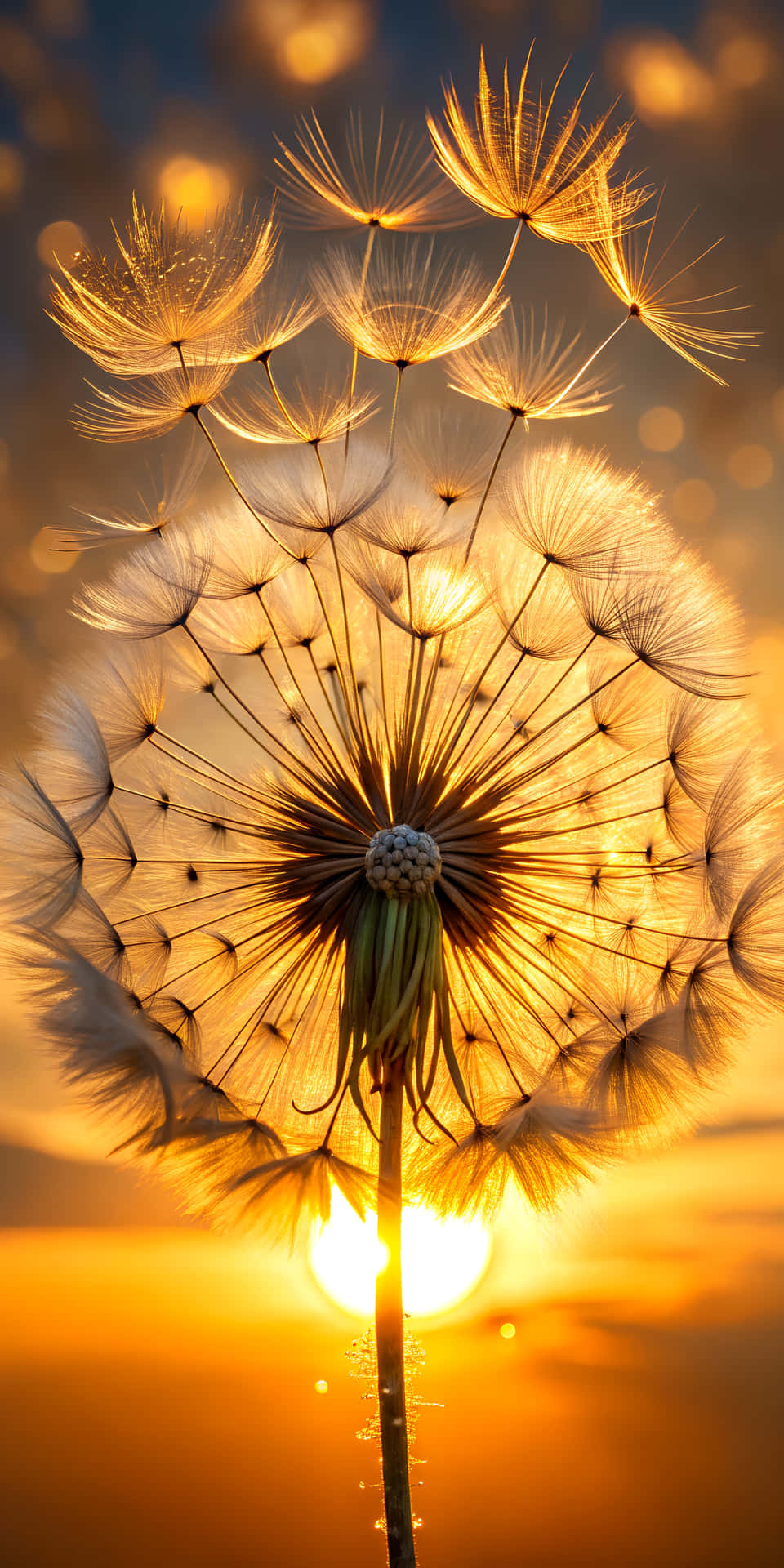 Split-Second Capture of a Dandelion Seed Head Bursting in Golden Hour Light 壁紙 — 蒲公英種子頭在金色夕陽下背光，背景有發光散景。