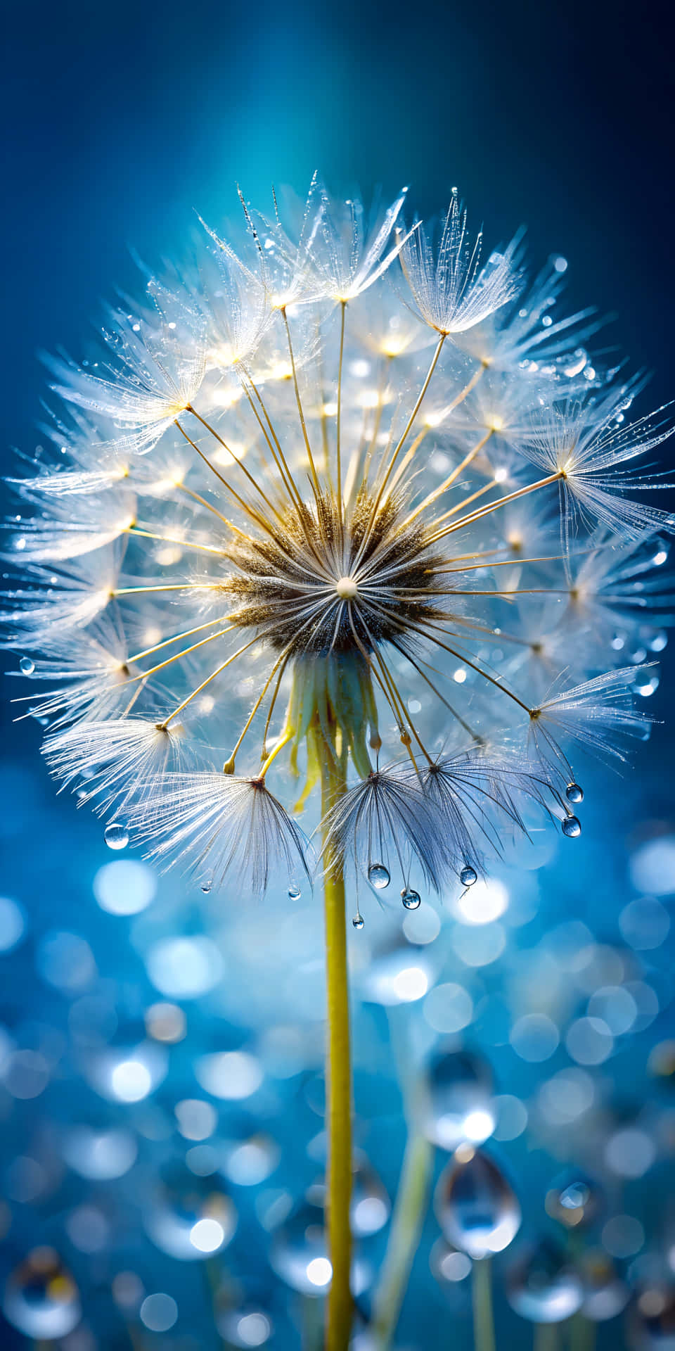 Macro Shot of a Delicate Dandelion Seed Head with Intricate Details and Soft Lighting 壁紙 — 蒲公英種子頭的近距離特寫，在充滿活力的藍色散景背景上閃爍著露珠。