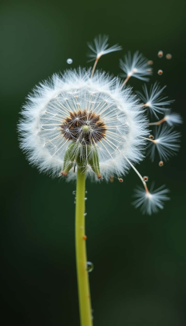 Flower 壁紙 — 蒲公英種子頭的近距離特寫，帶有精緻的白色絨毛和散落的種子，背景是深綠色模糊的。