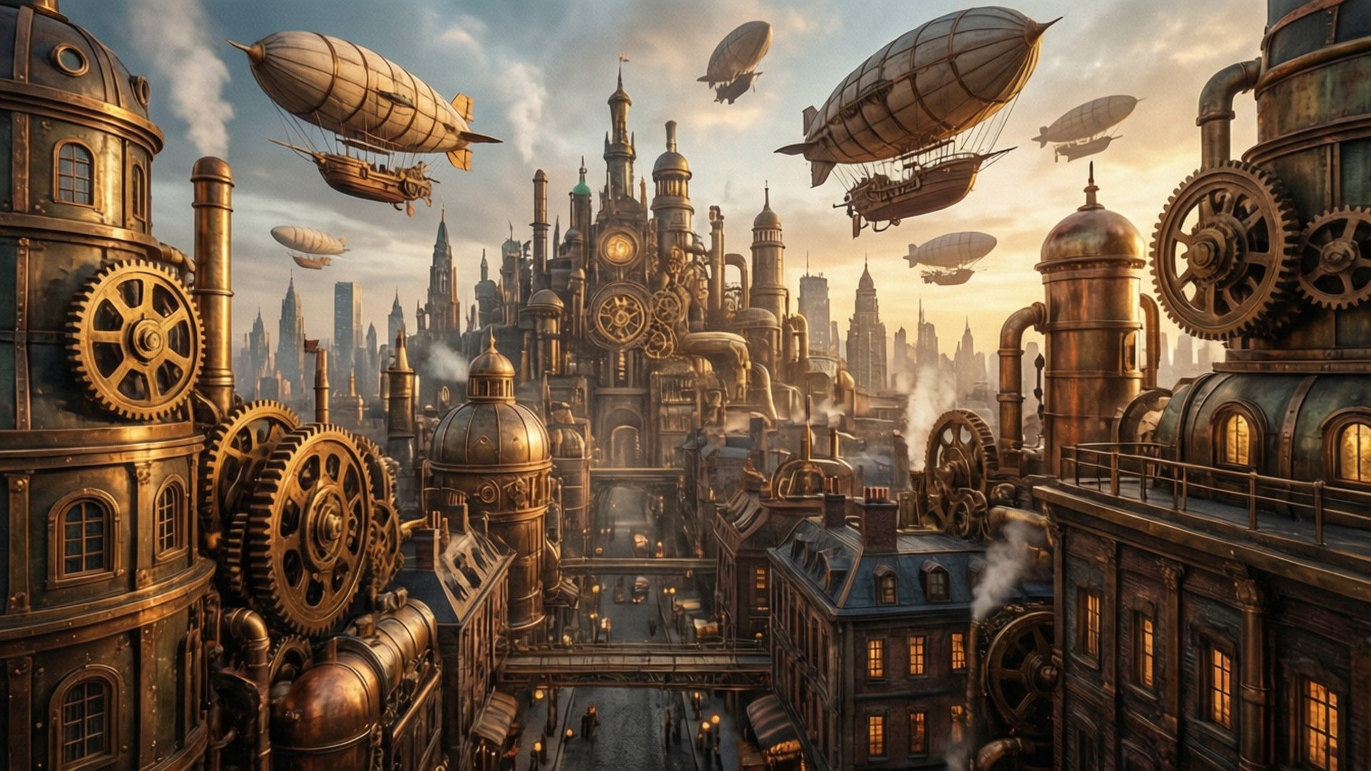 蒸氣龐克城市空拍 壁紙 — 廣闊的蒸氣龐克城市景觀，黃銅齒輪和飛船在黃金時刻飛越發光的街燈。