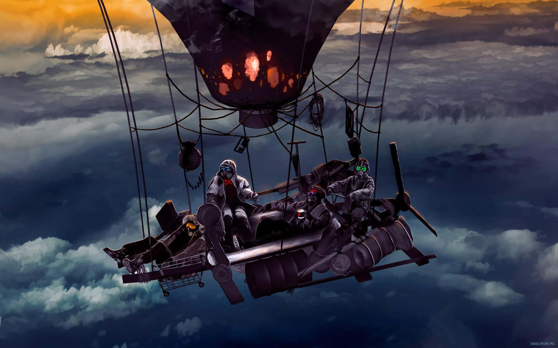 Hot Air Balloon 桌布 壁紙 — 蒸氣龐克飛船帶著發光的熔爐，在日落時分乘員戴著護目鏡翱翔於暴風雲之上。
