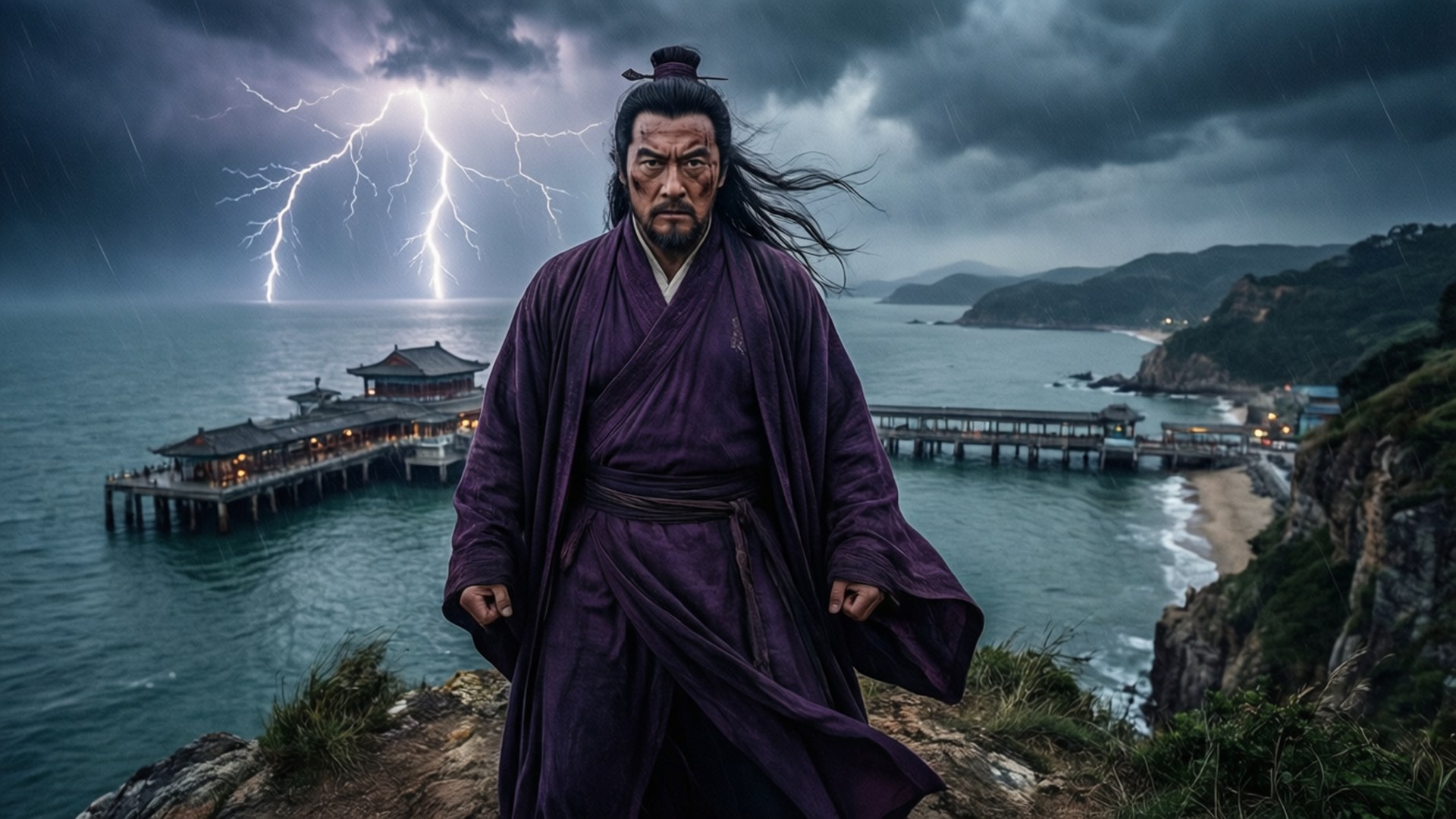 蓮花塢風暴 壁紙 — 一位嚴肅的戰士身穿紫色長袍站在懸崖上，閃電劃過暴風雨的大海和碼頭。