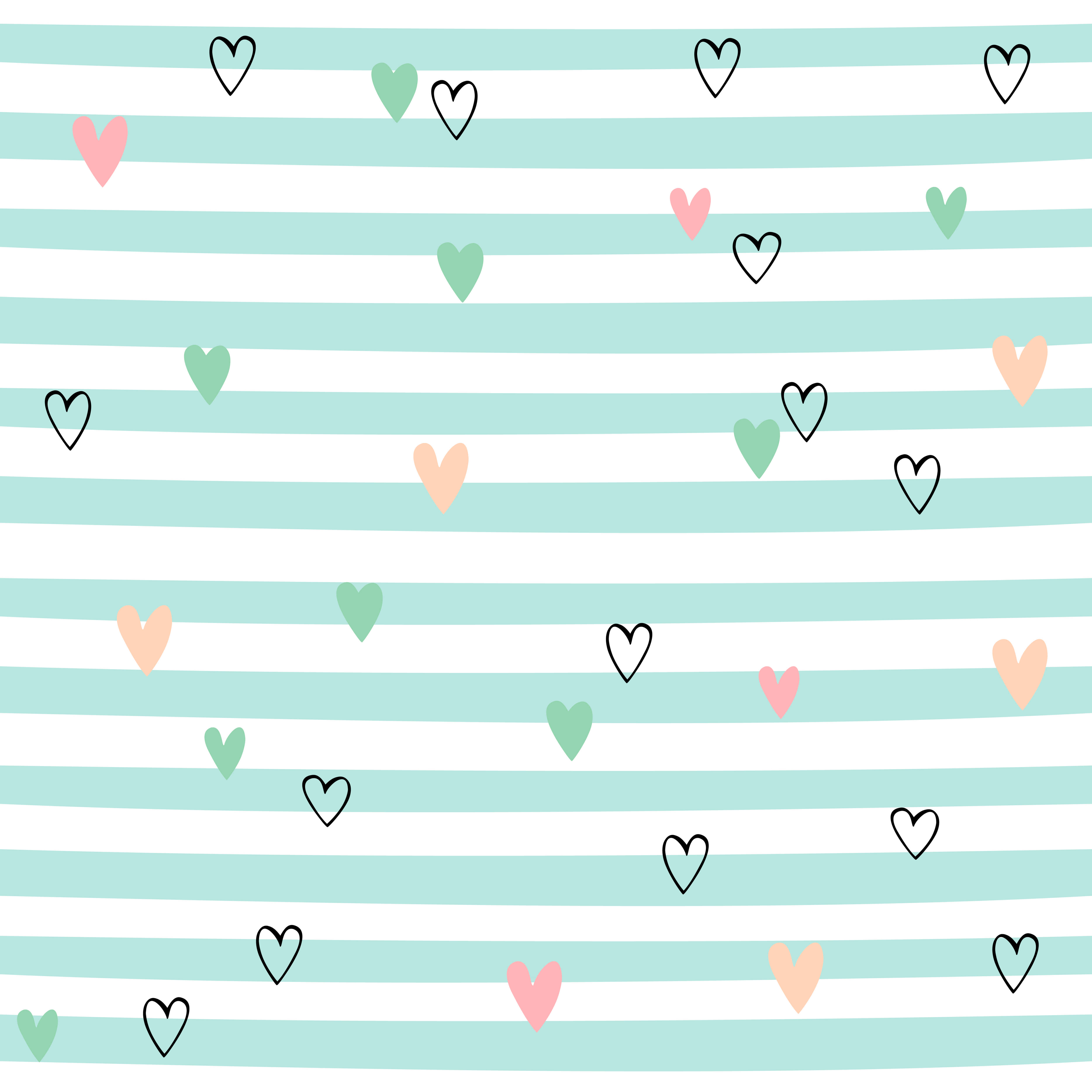 Cute Stripes 桌布 壁紙 — 薄荷綠和白色條紋壁紙，飾有散落的粉紅色、蜜桃色和薄荷綠色手繪心形圖案。