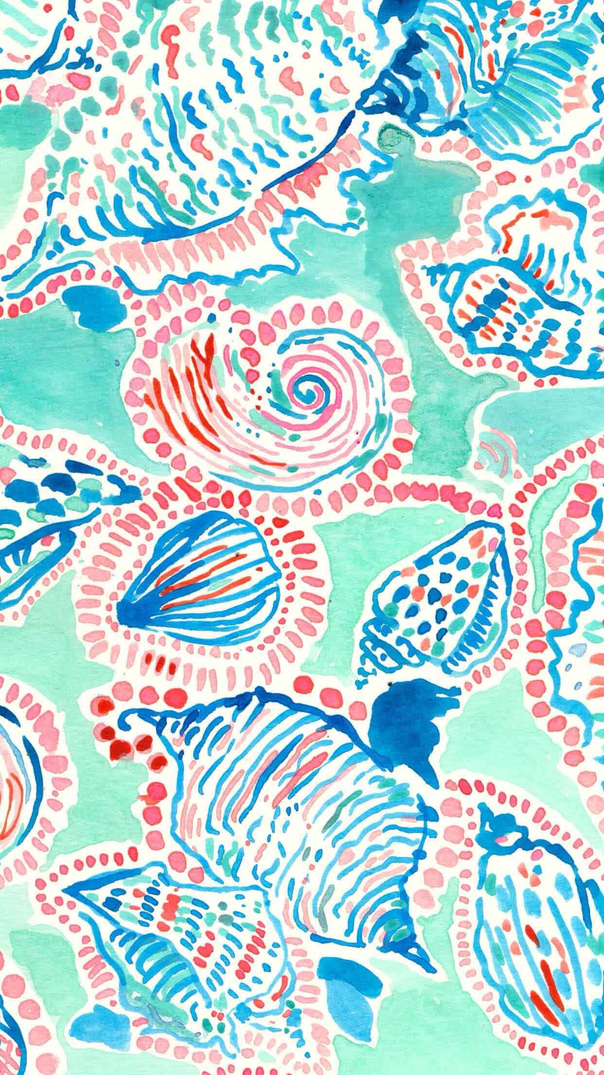 Paisley 桌布 壁紙 — 薄荷綠背景上，以青綠色、粉紅色和珊瑚色繪製的風格化貝殼水彩圖案，色彩鮮豔。