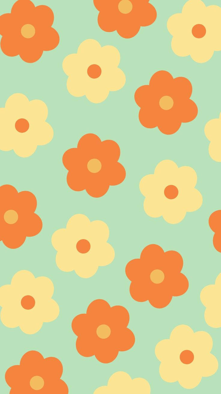 retro aesthetic iPhone 桌布 壁紙 — 薄荷綠背景上的橙黃色花朵復古圖案。