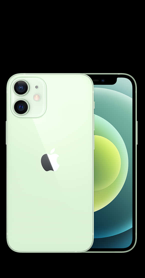 iPhone 11 Green 桌布 壁紙 — 薄荷綠色 iPhone 12 在黑色背景前展示正面和背面，螢幕顯示漸層桌布。