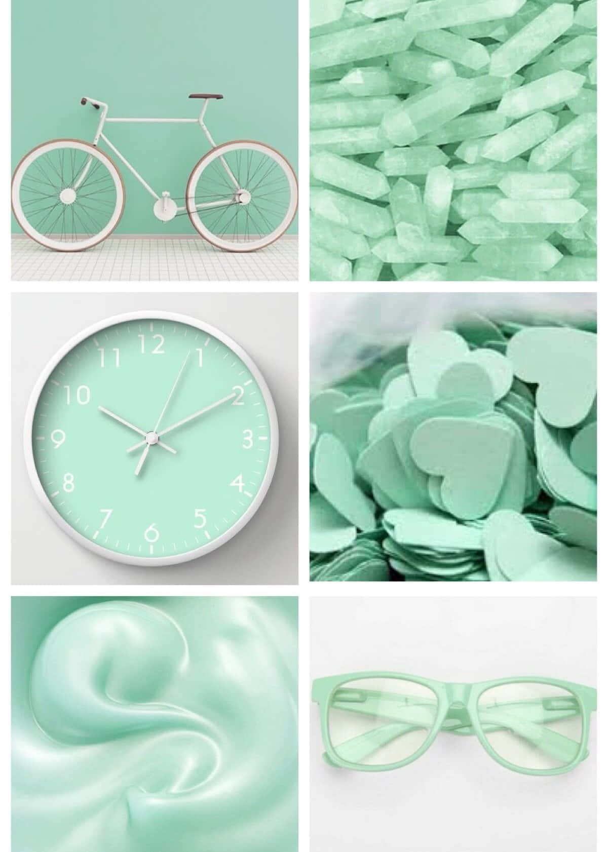 Aesthetic Green 桌布 壁紙 — 薄荷綠色主題拼貼畫，包含腳踏車、時鐘、心形、眼鏡和水晶，以極簡3D渲染風格呈現。