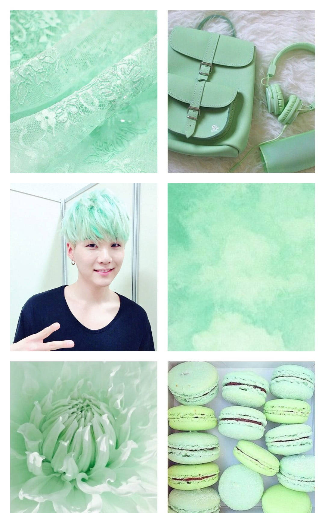 BTS 桌布 壁紙 — 薄荷綠色主題拼貼畫，包含蕾絲、背包、耳機、染髮人物、花朵和馬卡龍。