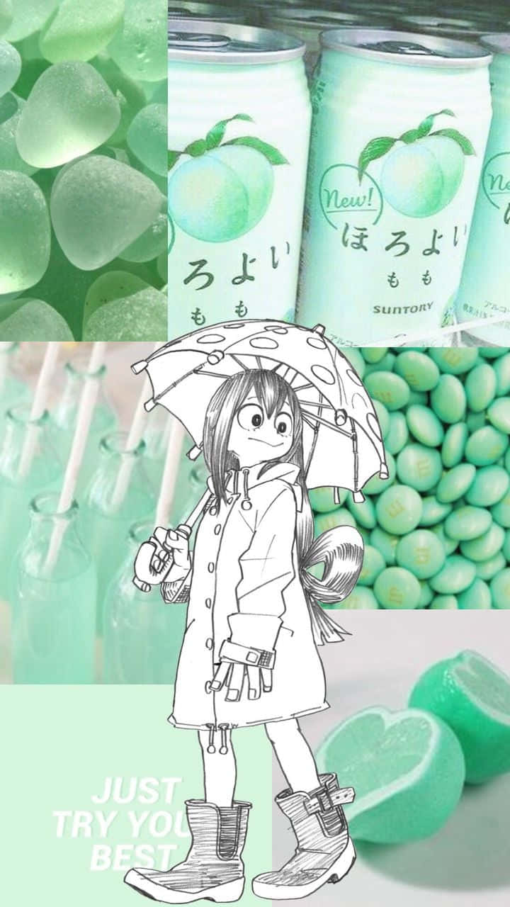 Froppy 桌布 壁紙 — 薄荷綠色主題拼貼畫，包括一個撐傘的女孩、汽水罐、糖果和青檸片。