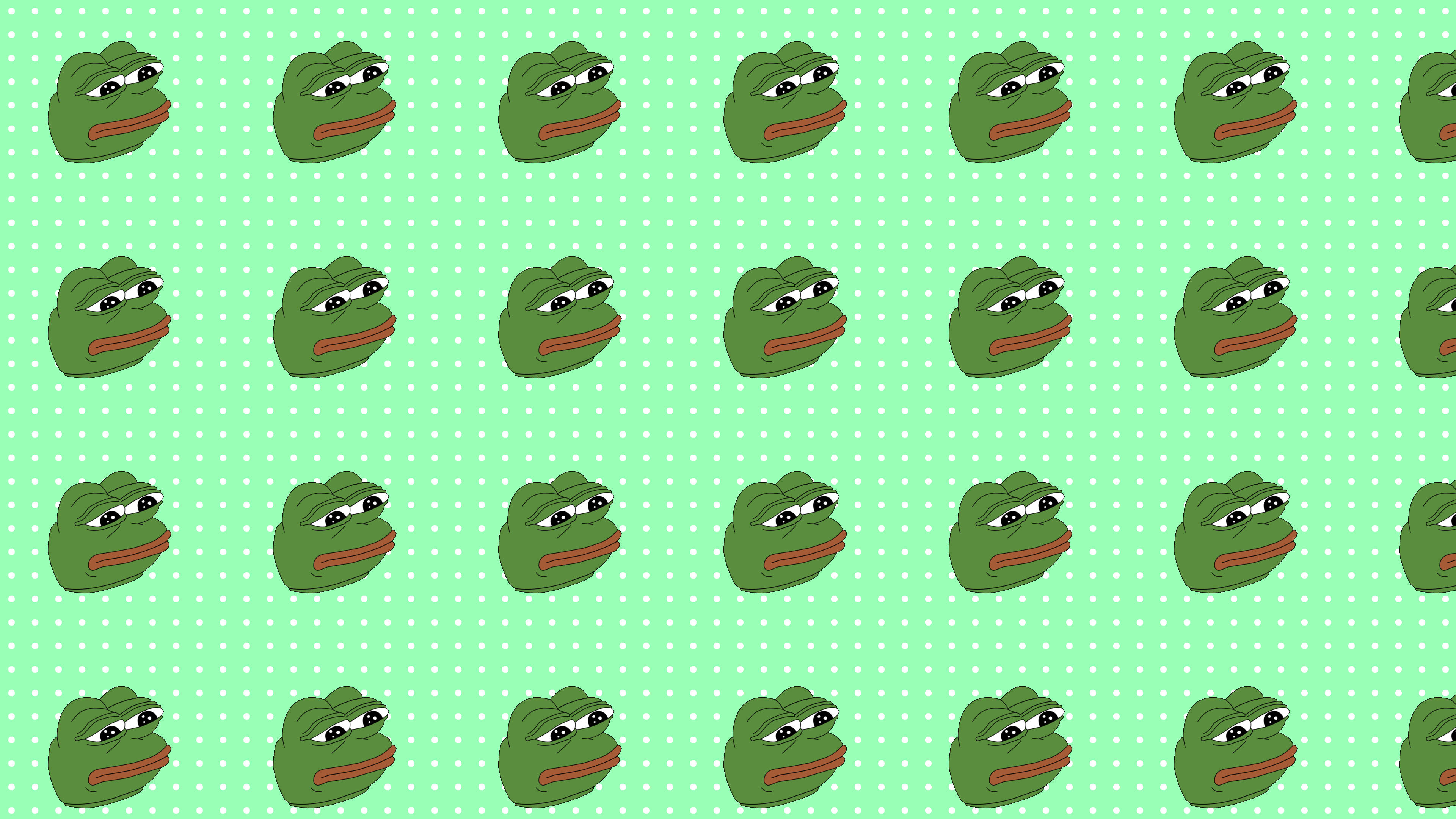 pepe frog 桌布 壁紙 — 薄荷綠色圓點背景上重複的綠色青蛙臉圖案，帶有紅色嘴巴。
