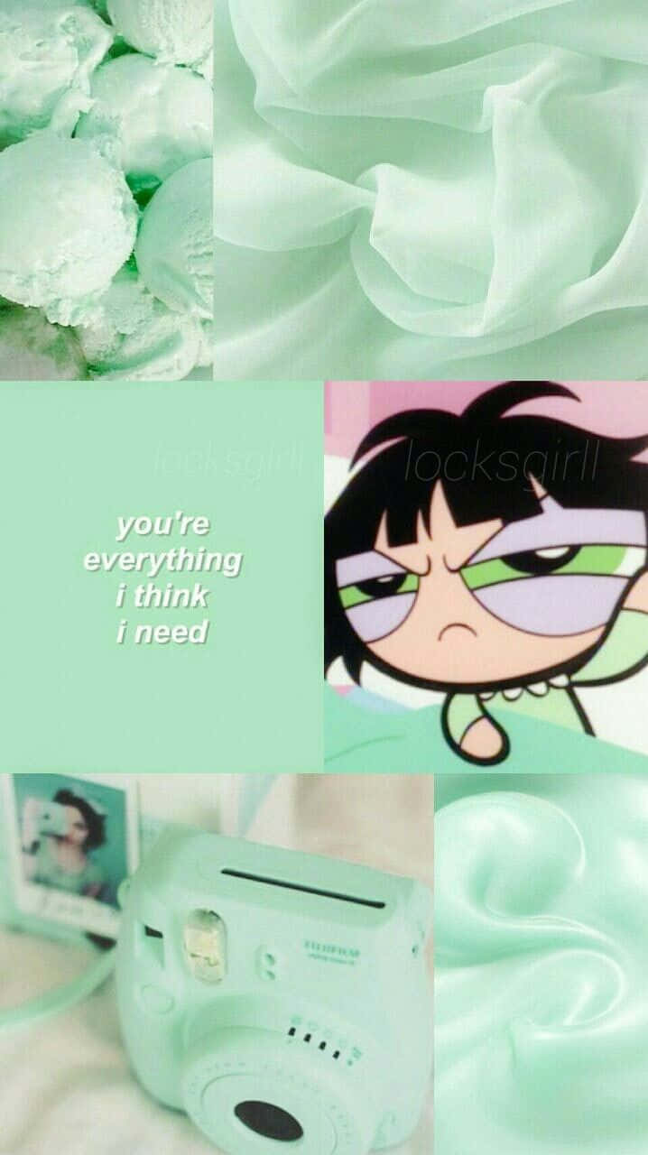 Powerpuff Girls 桌布 壁紙 — 薄荷綠色拼貼畫，包含冰淇淋球、柔軟布料、卡通角色和拍立得相機。