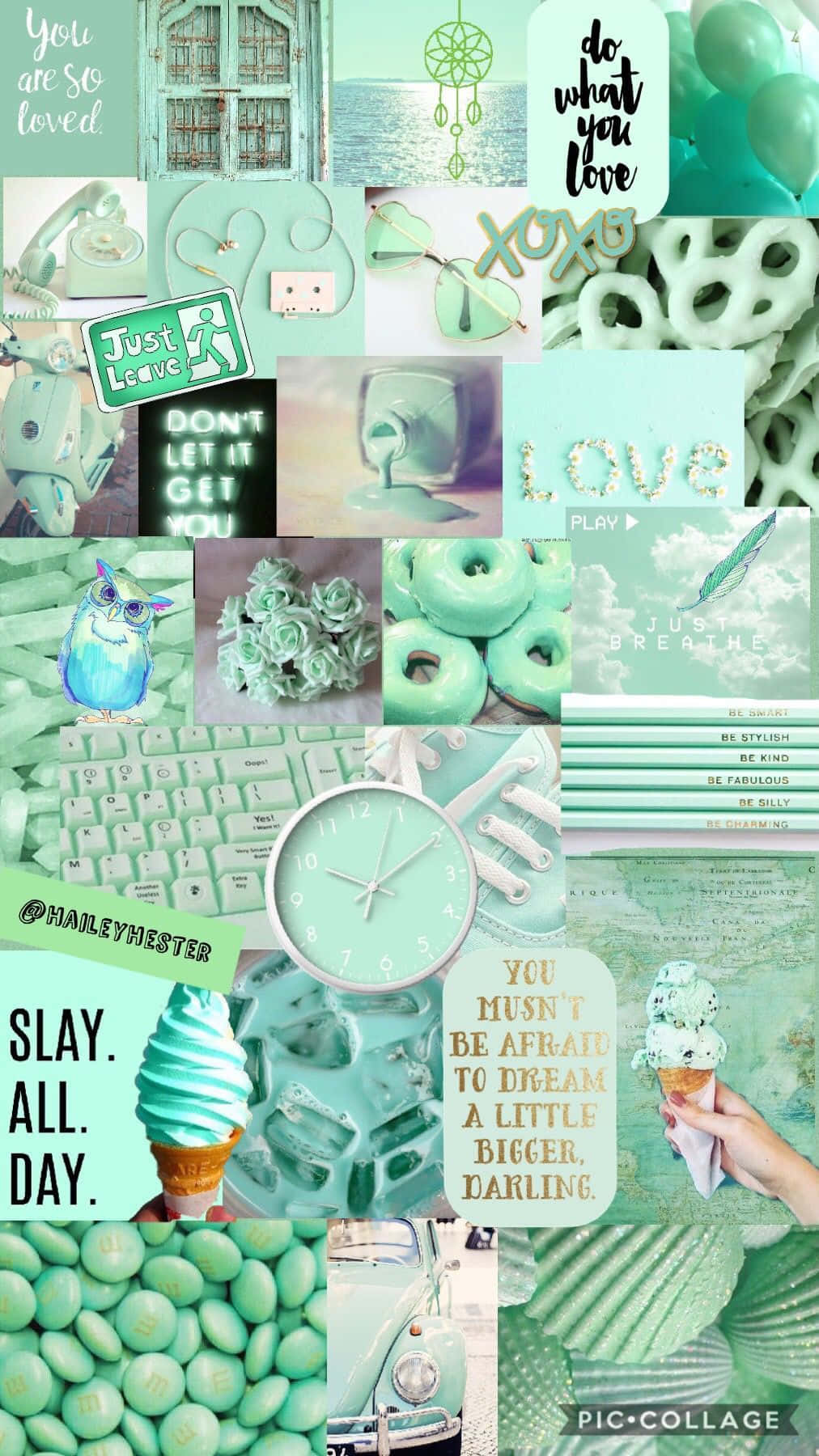 Cute Green Aesthetic 桌布 壁紙 — 薄荷綠色拼貼畫，包含勵志名言、復古車、冰淇淋、貓頭鷹和捕夢網，呈現柔和粉彩美學。