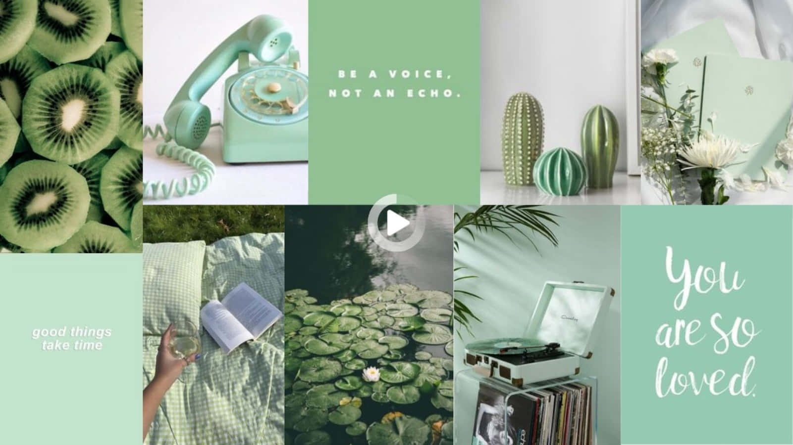 Aesthetic Sage Green 桌布 壁紙 — 薄荷綠色拼貼畫，包含奇異果、復古電話、仙人掌、睡蓮葉、黑膠唱片和花卉佈置，並附有勵志語錄。