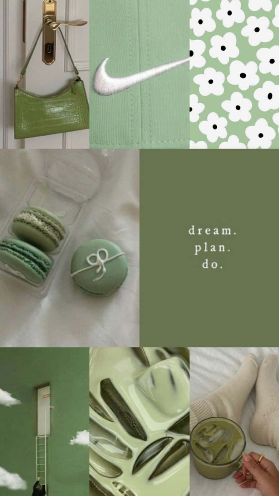Aesthetic Sage Green 桌布 壁紙 — 薄荷綠色拼貼畫，包含手提包、馬卡龍、運動鞋、花朵和柔和粉彩色的勵志文字。