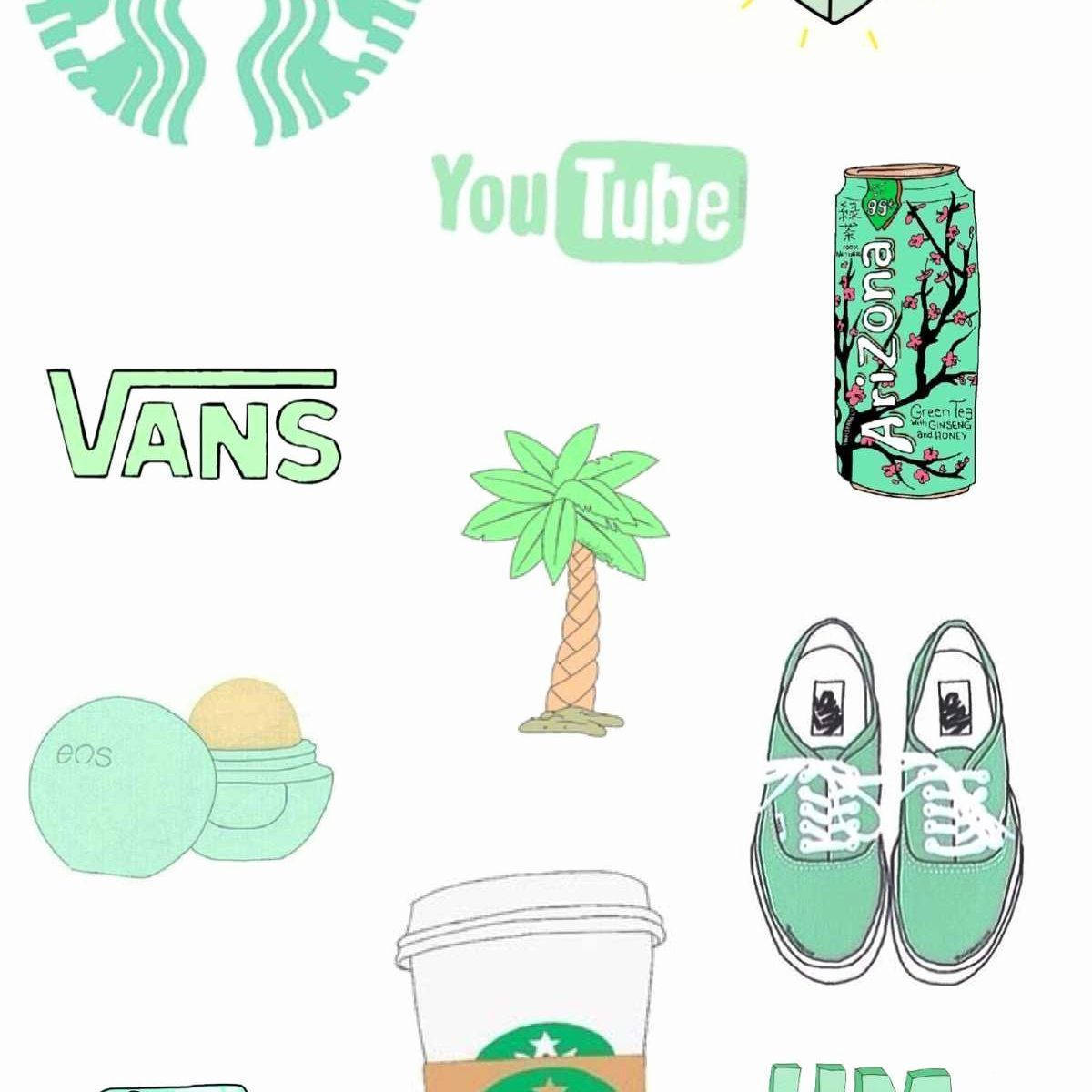 薄荷綠色插圖圖標，包括Starbucks、Vans、Arizona茶和棕櫚樹。