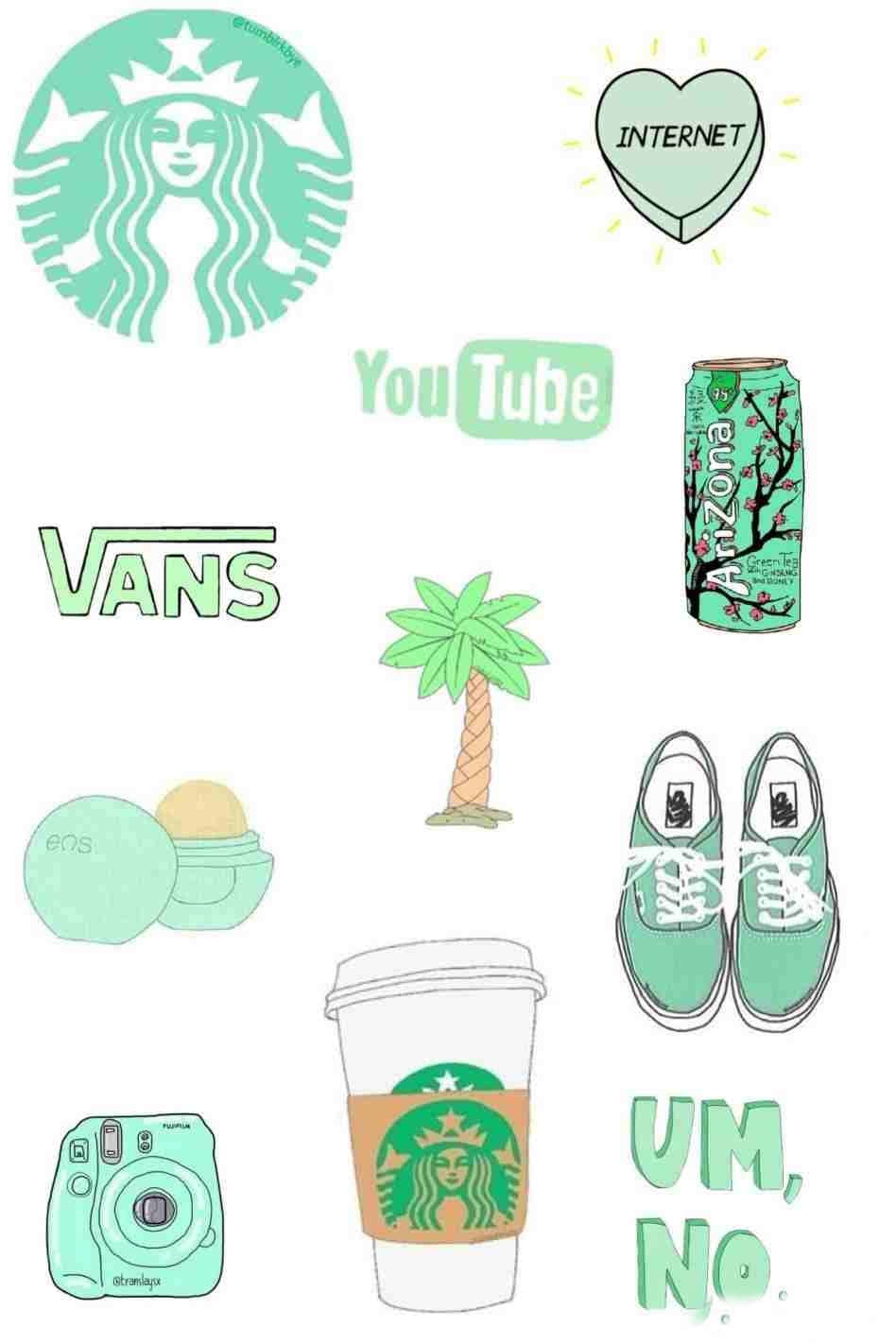 Aesthetic Starbucks 桌布 壁紙 — 薄荷綠色插圖拼貼，包含星巴克咖啡、Vans 運動鞋、棕櫚樹和網際網路圖示，背景為白色。