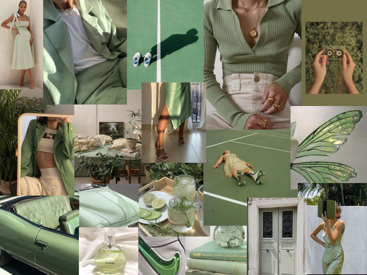 Sage Green Laptop 桌布 壁紙 — 薄荷綠色生活風格時刻的拼貼畫，包含時尚配件、飲品和復古元素。