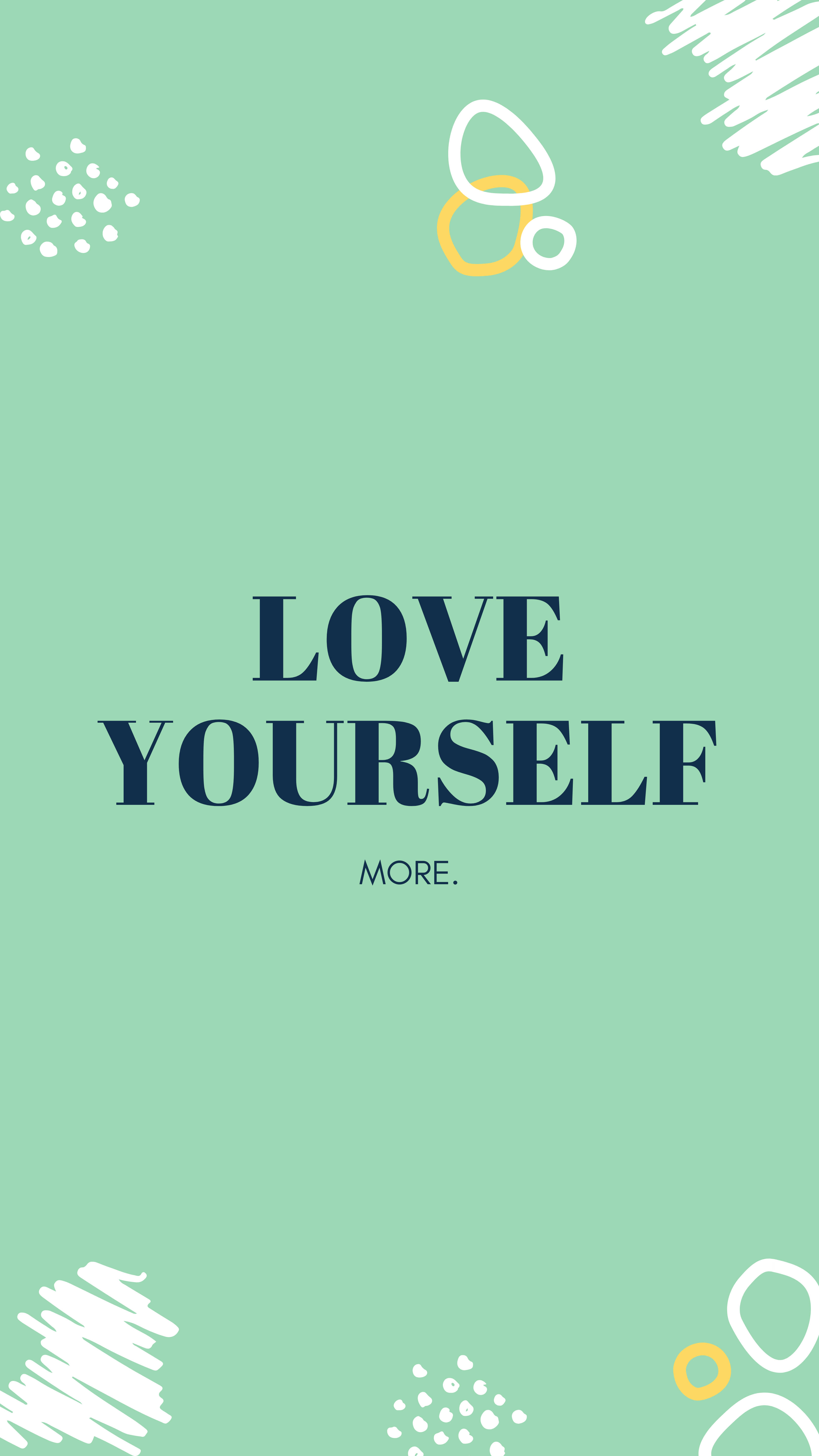 愛心 桌布 壁紙 — 薄荷綠色背景，粗體深藍色文字「LOVE YOURSELF MORE」，周圍有抽象白色和黃色塗鴉。