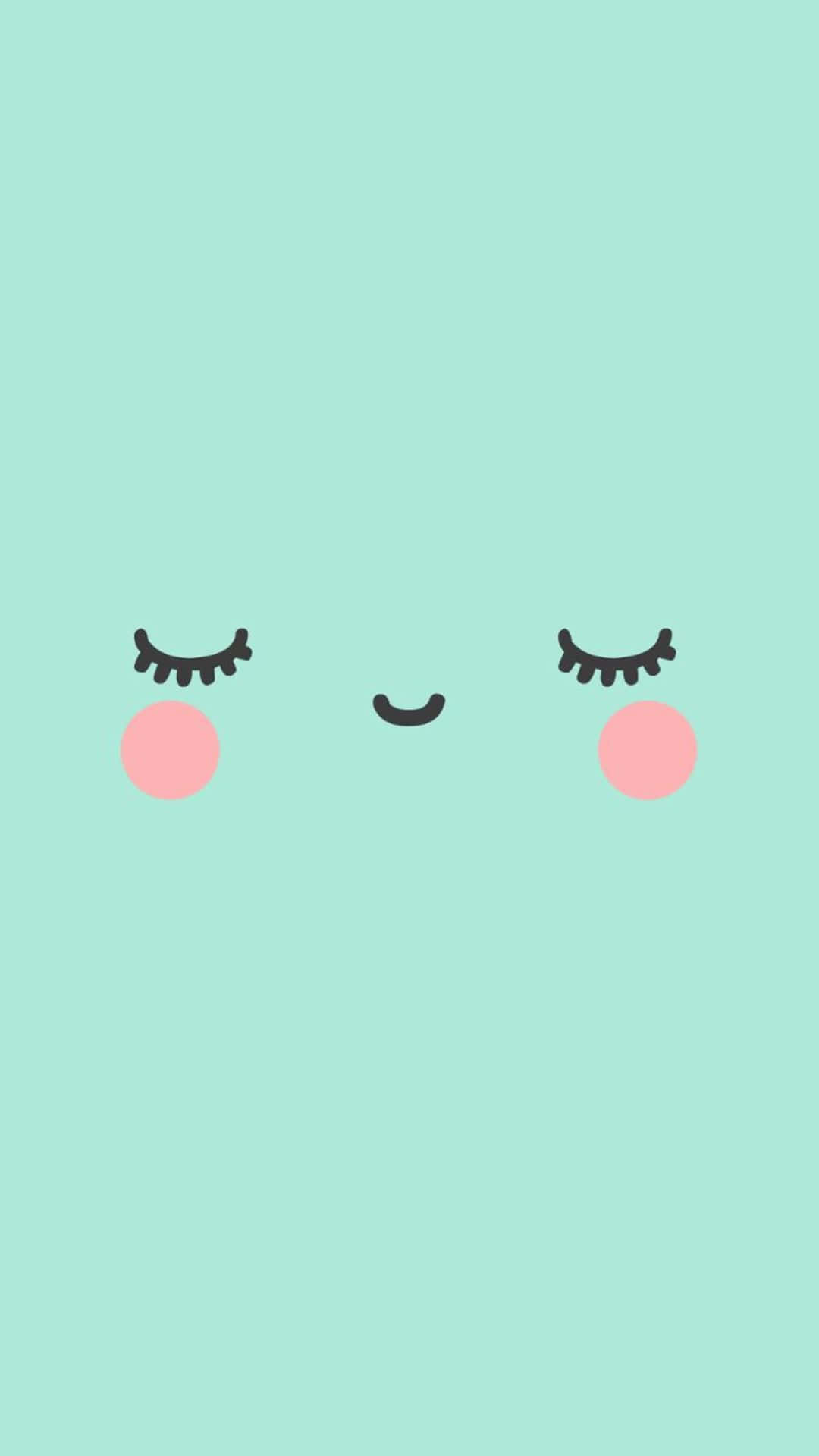 Kawaii Emoticon 桌布 壁紙 — 薄荷綠色背景上一個帶有閉合睫毛和粉紅臉頰的極簡可愛臉孔。