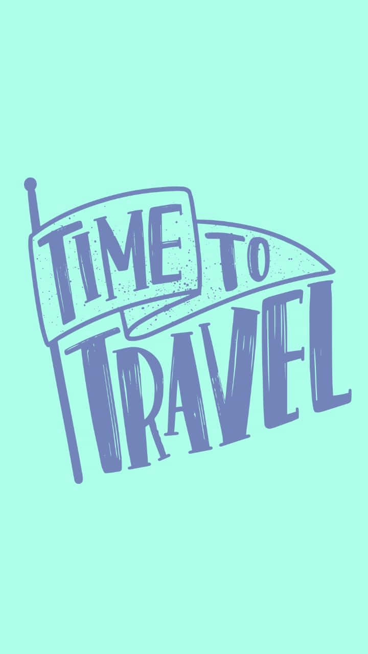 簡約 桌布 壁紙 — 薄荷綠色背景上一個風格化的紫色「TIME TO TRAVEL」標誌，帶有復古收音機天線。
