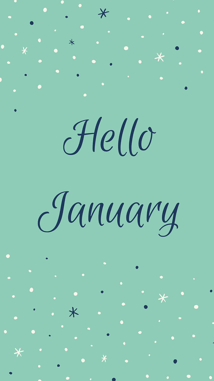 Hello January 桌布 壁紙 — 薄荷綠色背景上散落著白色和海軍藍色的圓點和星星，中央有草書文字「Hello January」。