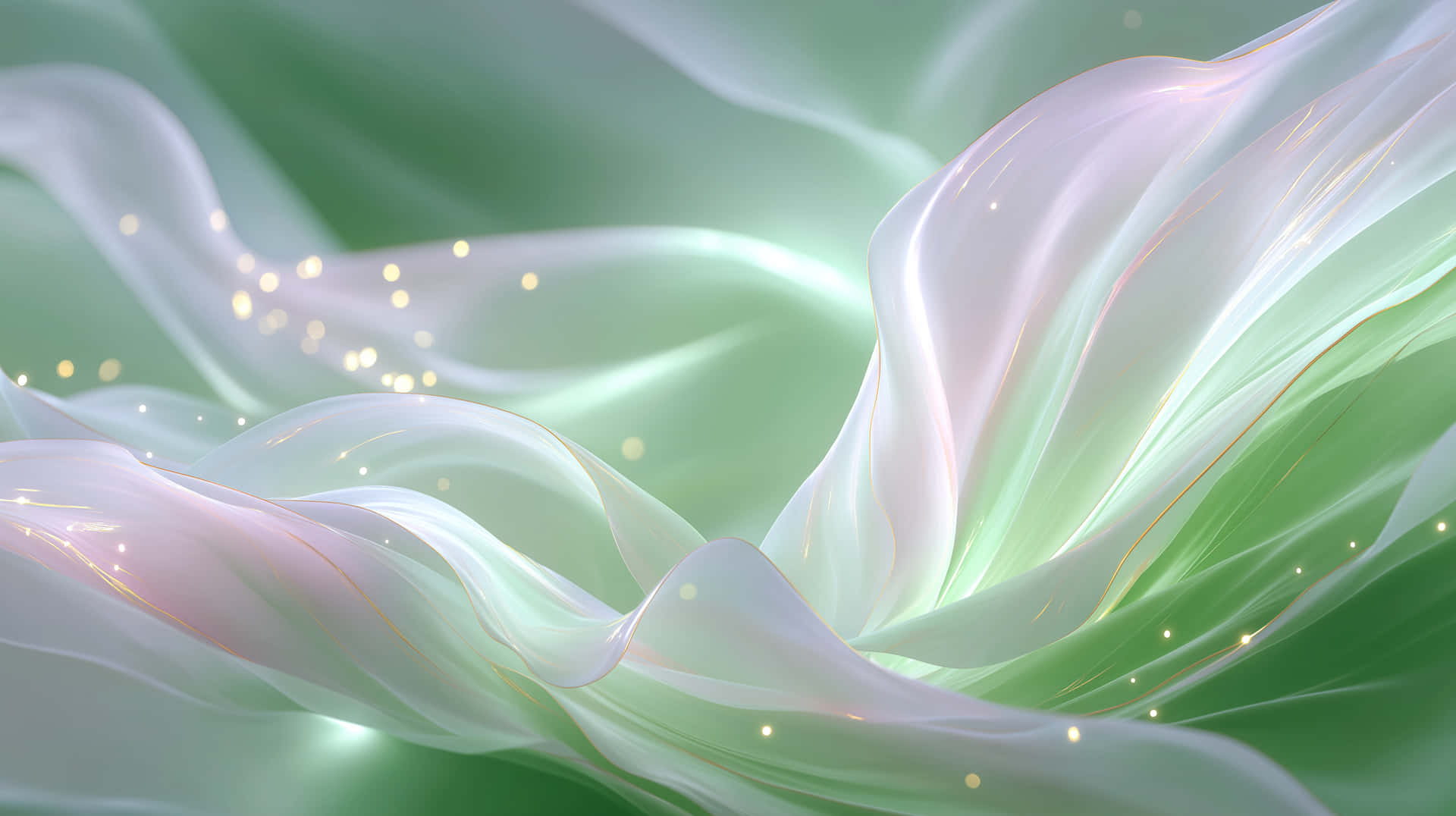Abstract Waves of Smooth, Luminous Fabric with Sparkles 壁紙 — 薄荷色和珍珠白色的柔軟飄逸布料絲帶，帶有嵌入的金色閃光，輕輕發光。