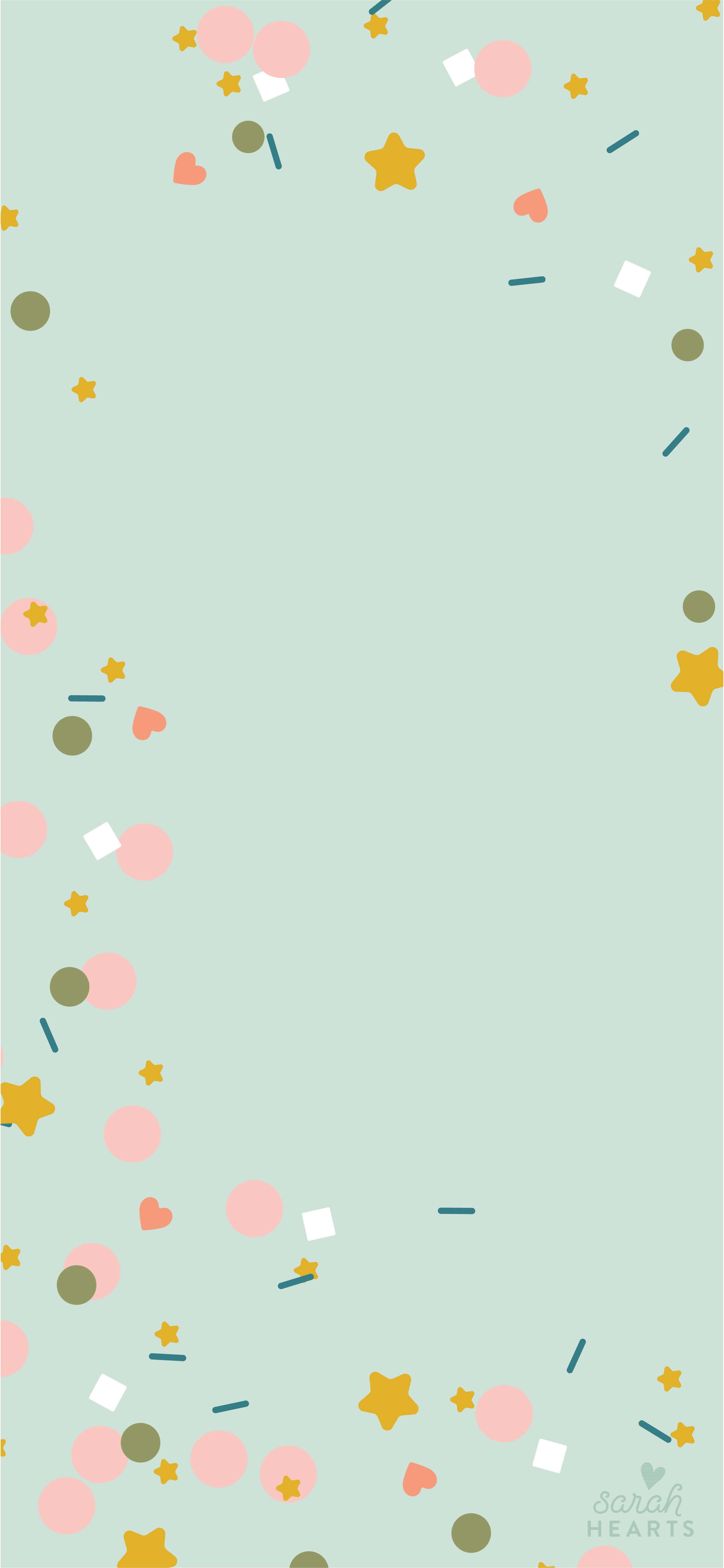 Cute Aesthetic iPad 桌布 壁紙 — 薄荷色粉彩背景，點綴著散落的粉紅愛心、金色星星和白色幾何形狀，形成節日五彩碎紙圖案。