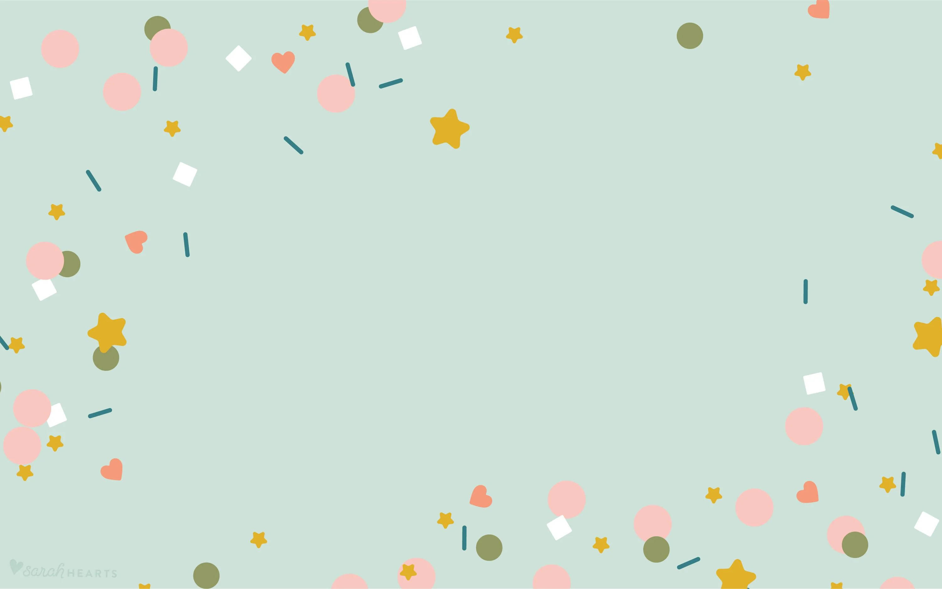 Confetti 桌布 壁紙 — 薄荷色粉彩背景上點綴著散落的粉紅心形、金色星星、白色正方形和綠色圓形，形成節日邊框。