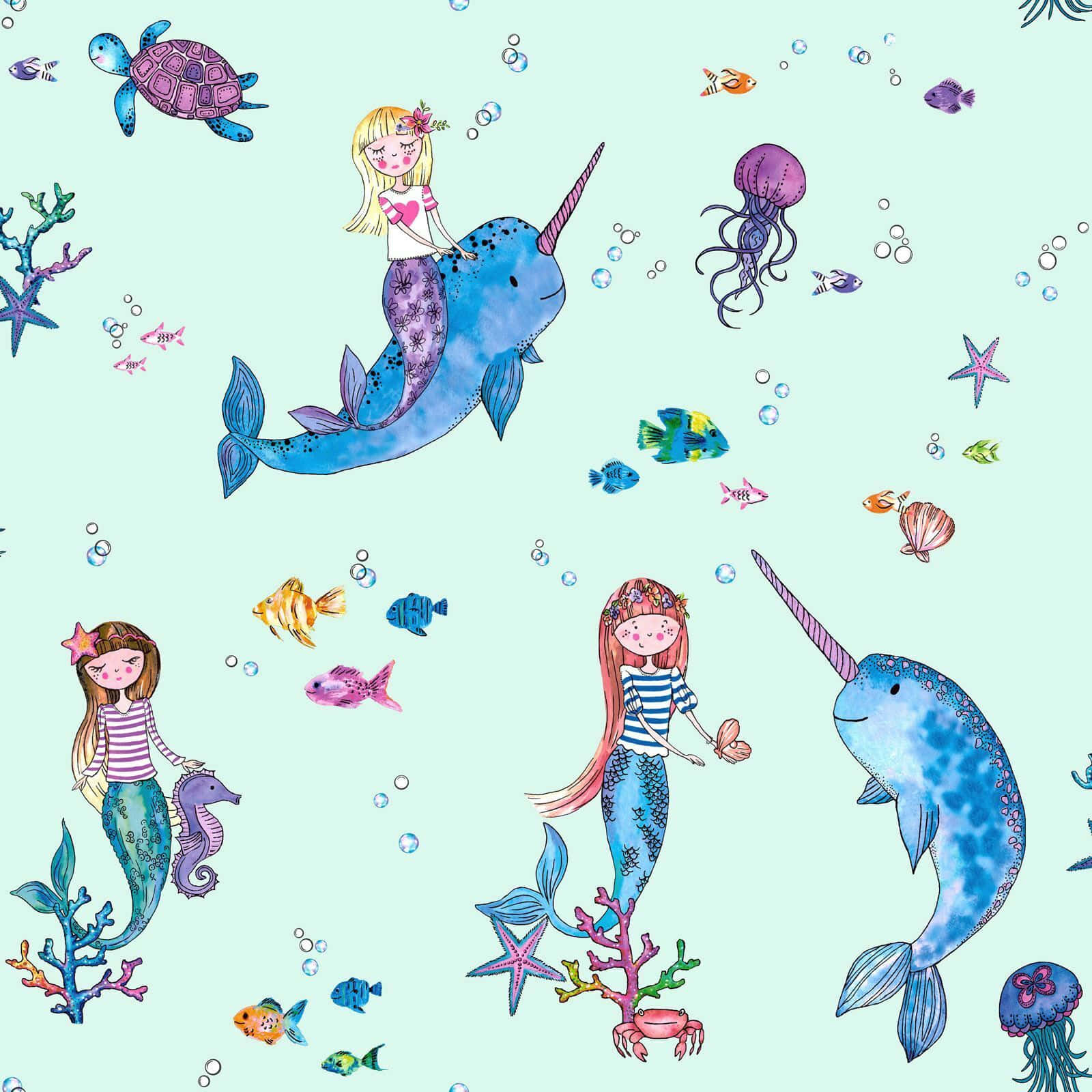Narwhal 桌布 壁紙 — 薄荷色背景上，美人魚、獨角鯨和海洋生物在珊瑚和氣泡中游動的夢幻水下場景。