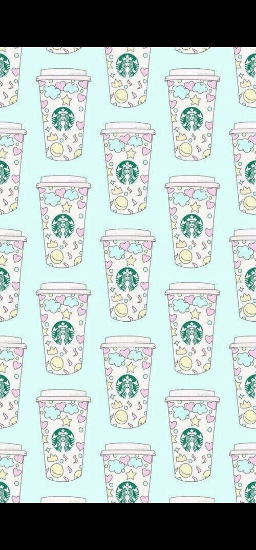 粉彩Starbucks杯，以重複圖案呈現愛心、星星和雲朵。 — 星巴克 GIF 壁紙
