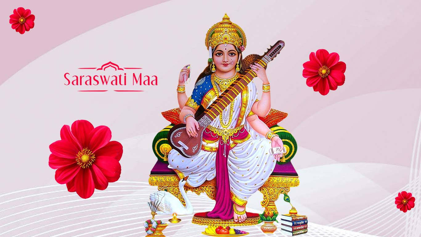 Saraswati 桌布 壁紙 — 薩拉斯瓦蒂女神優雅地坐在金色寶座上，手持維納琴，周圍環繞著鮮豔的紅花和書籍。