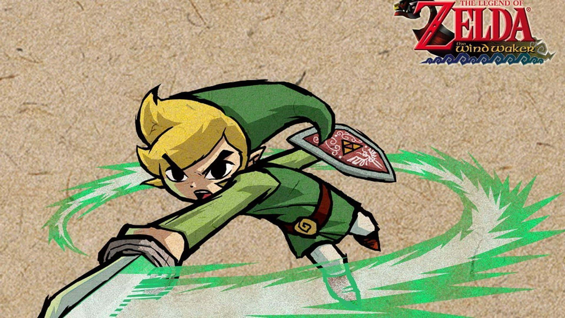 The Legend Of Zelda The Wind Waker 桌布 壁紙 — 《薩爾達傳說 風之律動》中的林克手持劍與盾，在帶有紋理的米色背景前向前衝刺。
