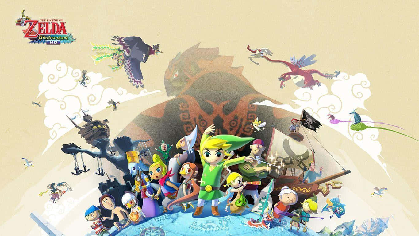 The Legend Of Zelda The Wind Waker 桌布 壁紙 — 《薩爾達傳說：風之律動HD》中林克和薩爾達一行人被飛行生物和巨型頭骨包圍的鮮豔插圖。